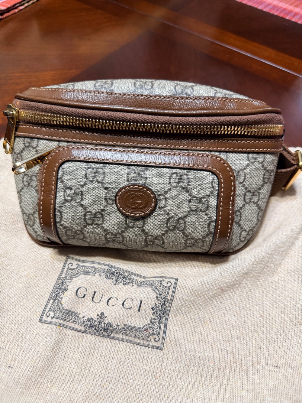 Gucci Beige GG Supreme Canvas Belt Bag with Brown Leather Trim